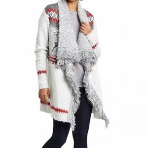 Knox Rose Grey Red Reindeer Fringe Cardigan NWT